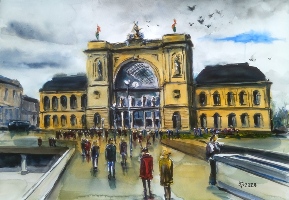 Město, Budapešť,Budapest, Východní nádraží,Budapest-Keleti pályaudvar, akvarel, waterpainting